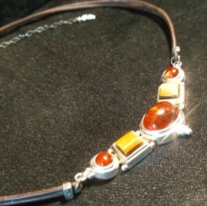 Sterling Silver 925 and  genuine Amber with cats eye quartz collar Necklace.